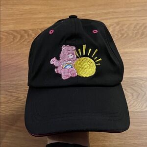 🍓SHEIN Black Baseball Cap with Pink Bear & Yellow Sun Embroidery